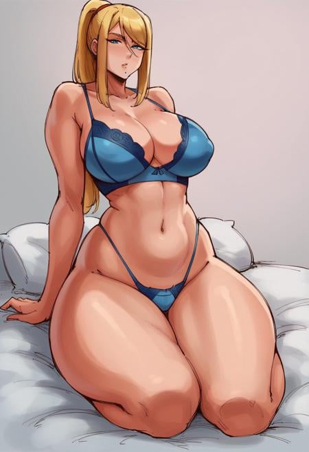 1girl, female, solo, huge breasts, thick thighs, wide hips, huge ass, Samus Aran, blue lingerie, transparent lingerie, bed background, paranoiddroid style BREAK score_9, score_8_up, score_7_up, rating_safe <lora:paranoiddroid:0.7>