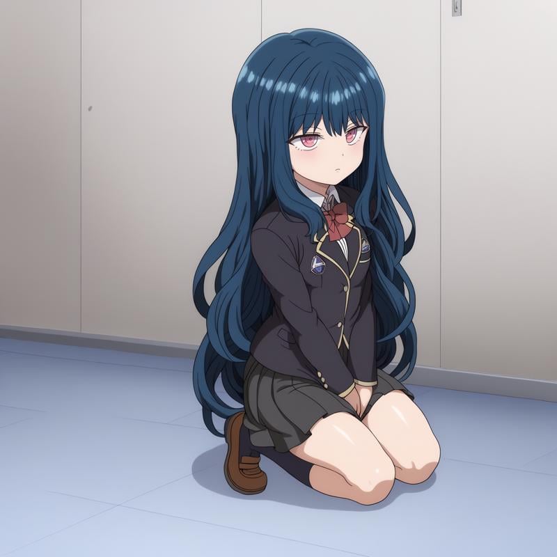 <lora:YuuNozakiXLpony001>,solo,YuuNozaki,1girl,blue hair,long hair,pink eyes,school_uniform,black blazer,pleated_skirt,black skirt,black socks,full body,kneeling,