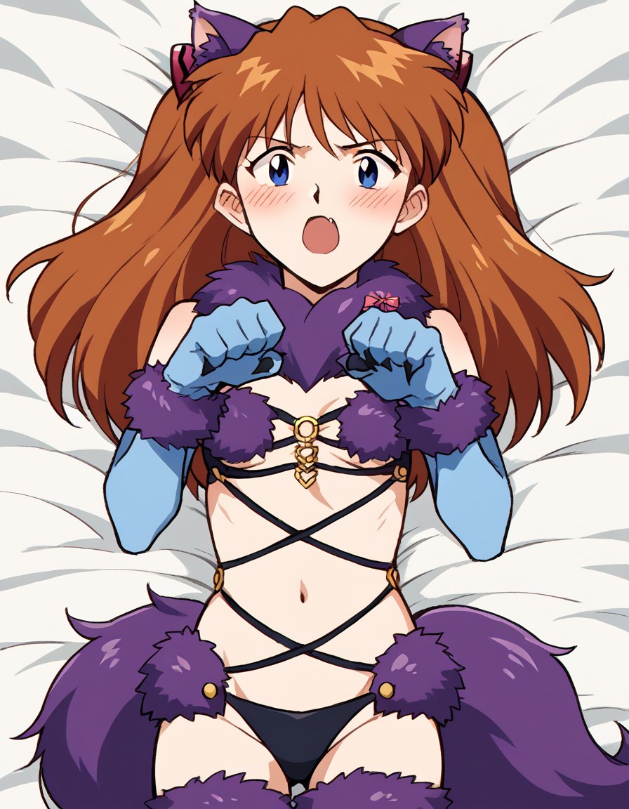 score_9, score_8_up, score_7_up, source_anime, asukalangleysoryu, <lora:asuka-langley-soryuu-classic-ponyxl-lora-nochekaiser:1>, asuka langley soryu, long hair, bangs, blue eyes, brown hair, hair ornament,, <lora:mash-kyrielight-halloween-costume-ponyxl-lora-nochekaiser:1>, mash kyrielight halloween costume, mash kyrielight \(dangerous beast\) \(cosplay\), fur-trimmed legwear, purple tail, fur bikini, fur-trimmed gloves, purple glves, revealing clothes, fur collar, purple thighhighs, wolf tail, wolf ears, o-ring top,, bed, on bed, on back, open mouth, blush, <lora:paw-pose-ponyxl-lora-nochekaiser:1>, paw pose,, cowboy shot, dutch angle, solo,