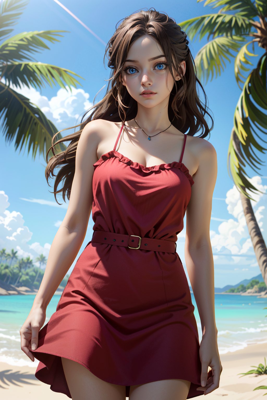 ((ultra detailed, masterpiece, absurdres)) <lora:RE2Claire:0.8>RE2Claire, 1girl, long hair, brown hair, blue eyes, on a tropical island, sundress, palm trees