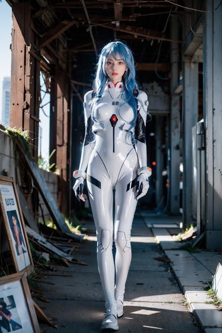 best quality, masterpiece, photorealistic, 1girl, solo, looking at viewer, bangs, full body, closed mouth, expressionless, standing, ayanami_cosplay_costume, plugsuit, blue hair, ayanami rei, pilot suit, cosplay, long hair, interface headset, hairpods, gloves, bracer, skin tight, ( ruins:1.4), night, neon light, cyberpunk, science fiction, future city, detailed background, <lora:ayanami_cosplay_costume_v2:0.65>