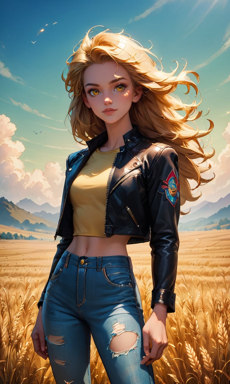 score_9, score_8_up, score_7_up, (Belén Rodríguez), cowboy shot, long, straight hair, floating hair, (light smile:0.3), wearing leather jacket and ripped jeans, wheat field, picturesque, rural background, sharp, colorful, ultra realistic, cinematic, blue and yellow:0.85), dim colors