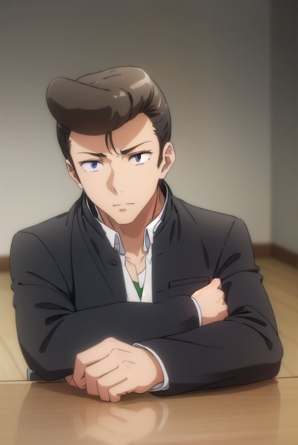 agnospassion, <lora:agnos passion s2-lora-nochekaiser:1>,agnos passion, brown hair, male focus, pompadour, (black eyes:1.5),BREAK school uniform, jacket, gakuran,BREAK indoors, classroom,BREAK looking at viewer, ()BREAK <lyco:GoodHands-beta2:1>, (masterpiece:1.2), best quality, high resolution, unity 8k wallpaper, (illustration:0.8), (beautiful detailed eyes:1.6), extremely detailed face, perfect lighting, extremely detailed CG, (perfect hands, perfect anatomy),