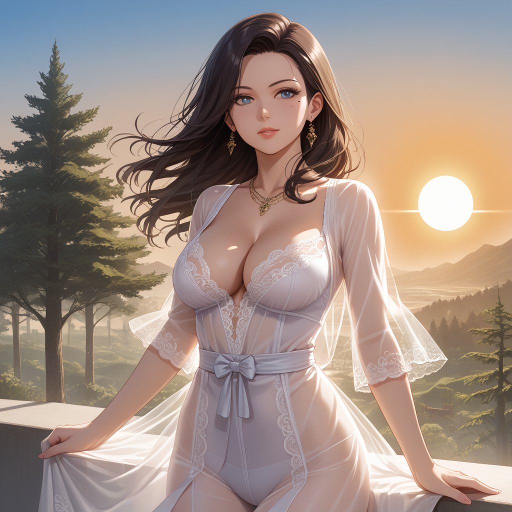 (,1girl, ,best quality, ),,  ,, ultra realistic 8k cg,,masterpiece, (( , )), fiction,mole,  ,     ,see-through, lace, (cleavage),, (((, solo, sun, , bare_tree, )))