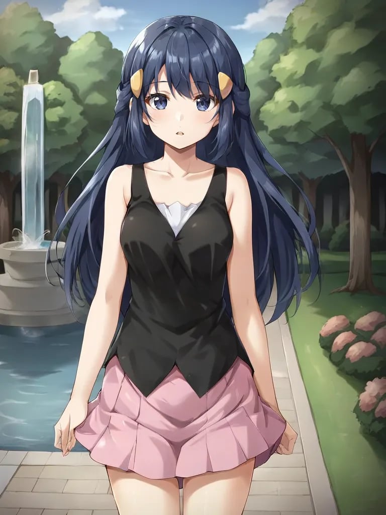 <lora:DPDawnHikariTsukishiroV3:0.7>1girl, solo, hidawnkari, blue hair, long hair, blue eyes, hair ornament, hairclip, black shirt, collarbone, sleeveless, pink skirt, miniskirt, outdoors, park, fountain, parted lips, standing, cowboy shot, looking at viewer