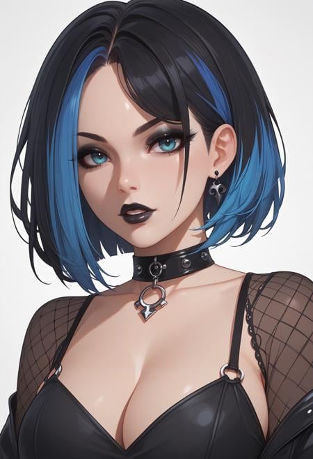 score_9, score_8_up, score_7_up, 1girl,solo, upper body,looking at viewer, white background, bob cut, short hair, multicolored hair, makeup , parted lips, black lips, eyeliner, gothic, goth girl