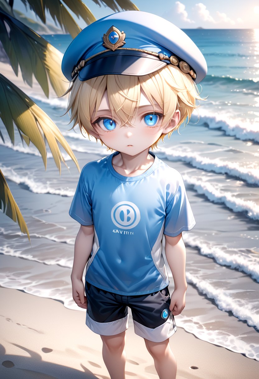 <lora:cacd-xl-base-2:0.6>,1boy, aoki, blonde hair, hat, masterpiece, ultra detail, beach, blue eyes, cute shirt, shorts, standing, full shot,(masterpiece:1.2), best quality, high resolution, unity 8k wallpaper, (illustration:0.8), (beautiful detailed eyes:1.6), extremely detailed face, perfect lighting, extremely detailed CG, (perfect anatomy),