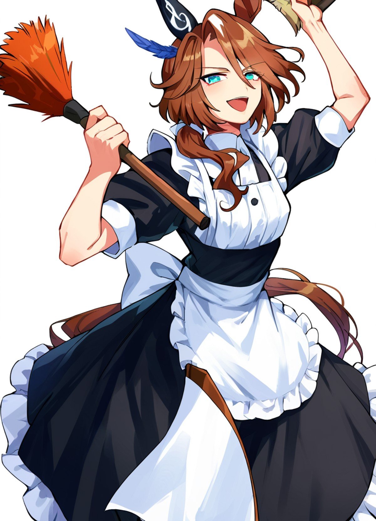 score_9, score_8_up, score_7_up, score_6_up, score_5_up, source_anime, rating_sfw, 1girl, solo, Sounds of Earth \(umamusume\) stands in a full-body pose against a white background, donned in an alternate maid costume. She gracefully holds a duster in her right hand, angled across her body, adding a dynamic element to her stance. Her outfit features a classic black dress with puffy short sleeves under a white apron that ties neatly at the back. The black footwear, styled as Mary Janes, complements her pantyhose, enhancing her maid-themed attire. Sounds of Earth \(umamusume\) exhibits a joyful smile and an open mouth, suggesting a moment of cheerful interaction, possibly during a lighthearted maid duty. Her posture and facial expressions convey a sense of delight and playfulness, encapsulating the character's spirited personality in this charming depiction.best quality,masterpiece<lora:UmaDiffusionXL_UAF-pony:1.0>