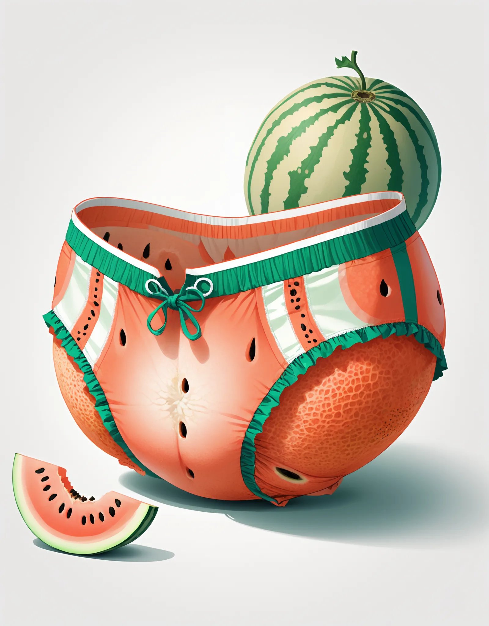 Illustration of a pair of panties made entirely out of ripe, juicy melons, with the texture and color of the melons vividly depicted. The melon panties should be showcased on a clean, white surface to highlight their vibrant and delicious appearance