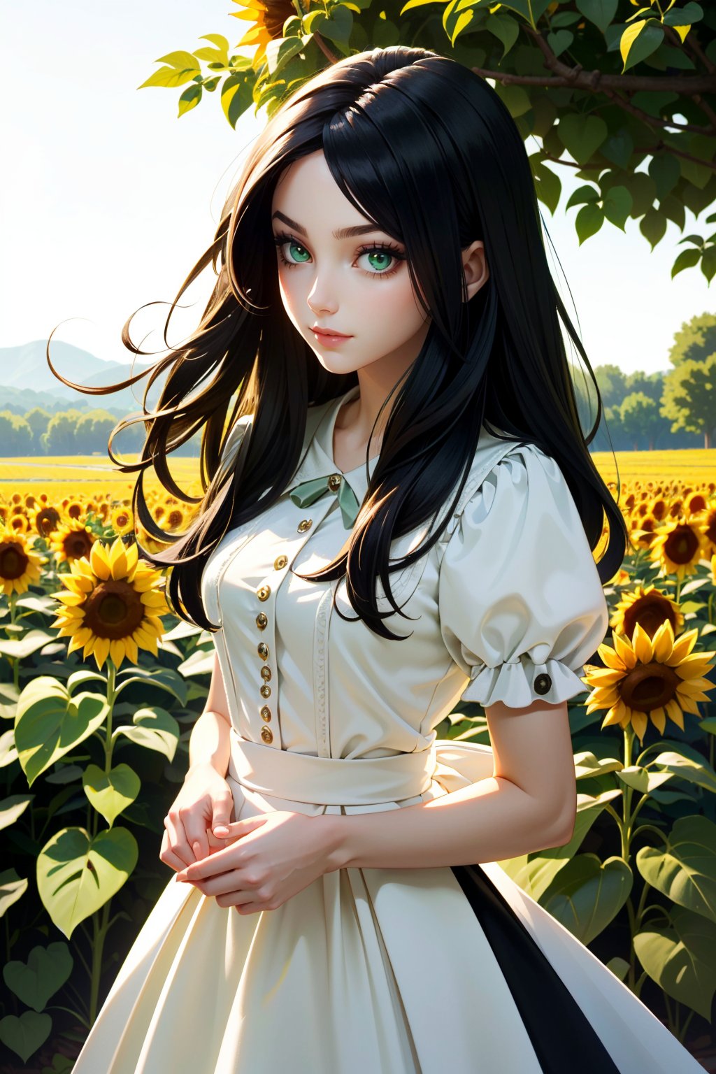 ((ultra detailed, masterpiece, best quality))<lora:AliceMadness:0.8>AliceMadness, 1girl, solo, long hair, black hair, green eyes, cowboy shot, sunflower field, morning, soft and warm light illuminating the cheerful blooms