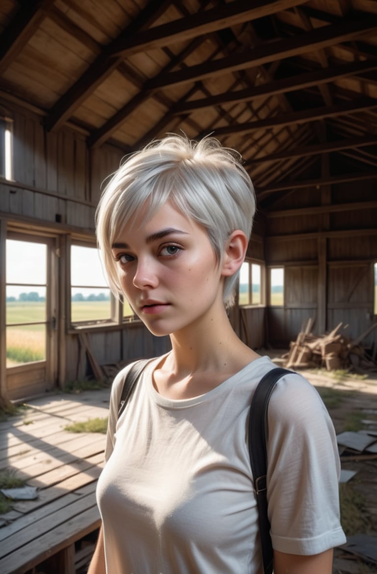 masterpiece of photorealism, photorealistic highly detailed 8k photography, best hyperrealistic quality, volumetric lighting and shadows, pixie cut with bangs white hair young woman in casual clothes, Rustic Barns in Countryside full of busy people, 360-Degree Panorama Inside an Abandoned Building