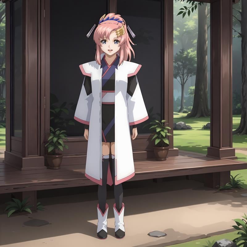 <lora:LacusClyneXLpony002>,smile,looking at viewer,open mouth,solo,LacusClyne,1girl,pink hair,ponytail,blue eyes,hair ornament,white coat,kimono,black sleeves,mini skirt,thighhighs,ankle_boots,outdoors,nature,full body,standing,