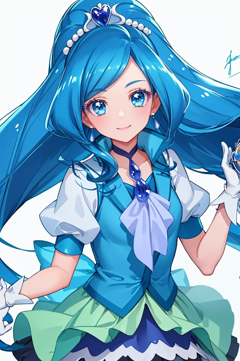 masterpiece,best quality, highly detailed, cure fontaine,solo, 1girl, white gloves, magical girl, looking at viewer, blue theme, smile, split ponytail, blue vest, heart hair ornament, puffy sleeves, short sleeves, skirt, white background, blue choker, closed mouth, upper body, signature, jewelry, ascot, blue rose, shirt,<lora:cure_fontaine:1>