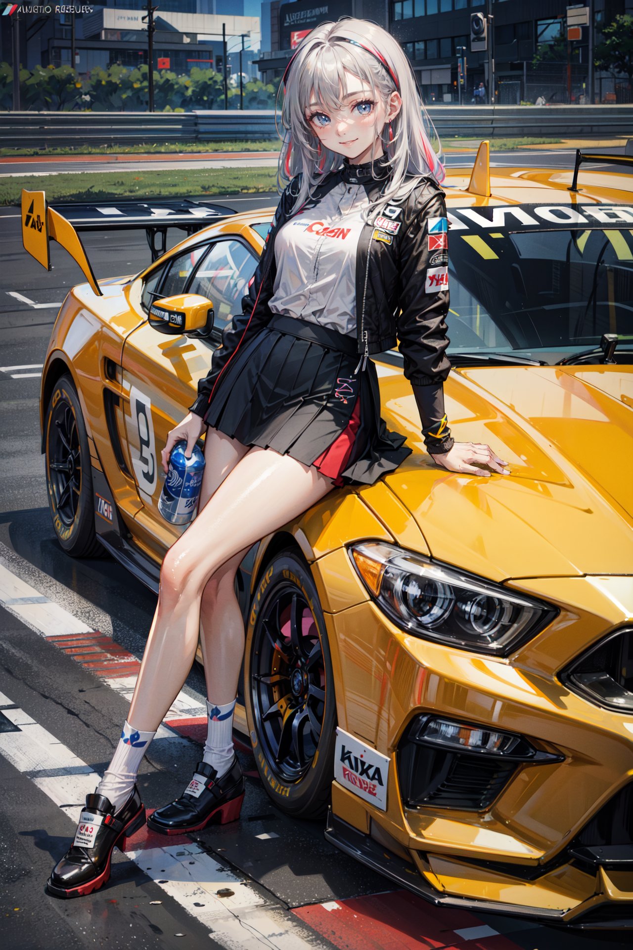 ((best quality, masterpiece, absurbres, super-resolution))posing beside a  race car, sexy racer girl, (colorful racer skirt:1.2)