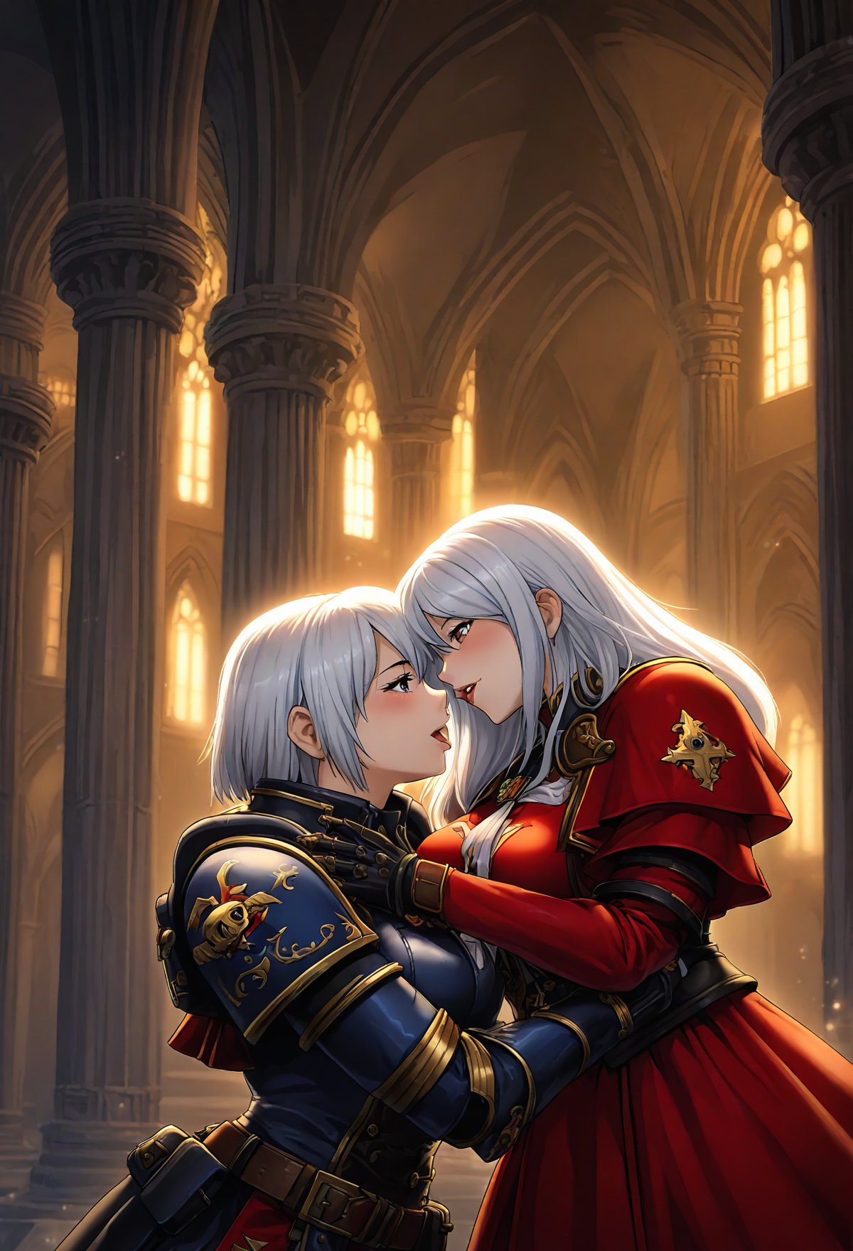 Anime Illustration, 2women, Sisters of Battle, Order of Our Martyred Lady, Warhammer 40K, Yuri, Sororitas Power armor, short hair, white hair, eye contact, blush, kiss, multiple girls, hug, looking at another, French kiss, tongue, tongue out, saliva, gothic style cathedral, indoors, dim lighting, bokeh, vignette, extremely detailed, absurdres