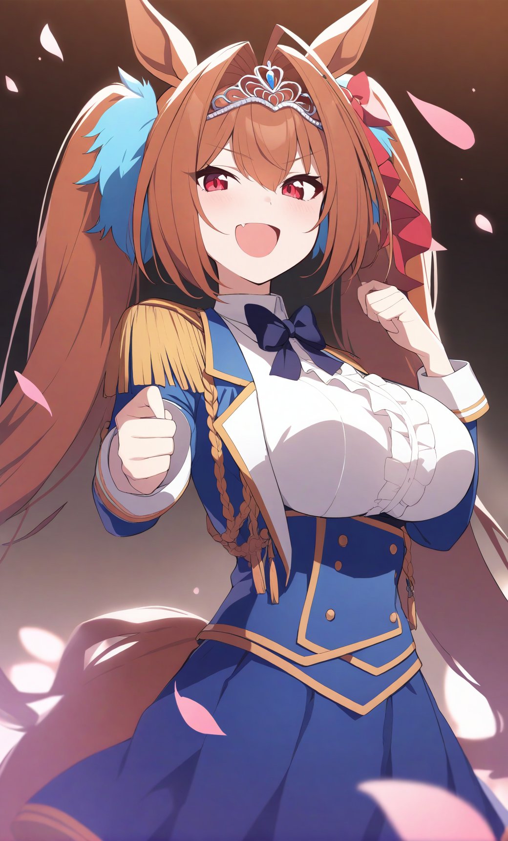 daiwa_scarlet_(umamusume) 1girl :d animal_ears bow bowtie breasts brown_hair fang from_below hair_intakes horse_ears horse_girl horse_tail large_breasts long_hair looking_at_viewer looking_down petals red_eyes smile solo tail tiara twintails very_long_hair flat_coating clear_color highres absurdres best_quality