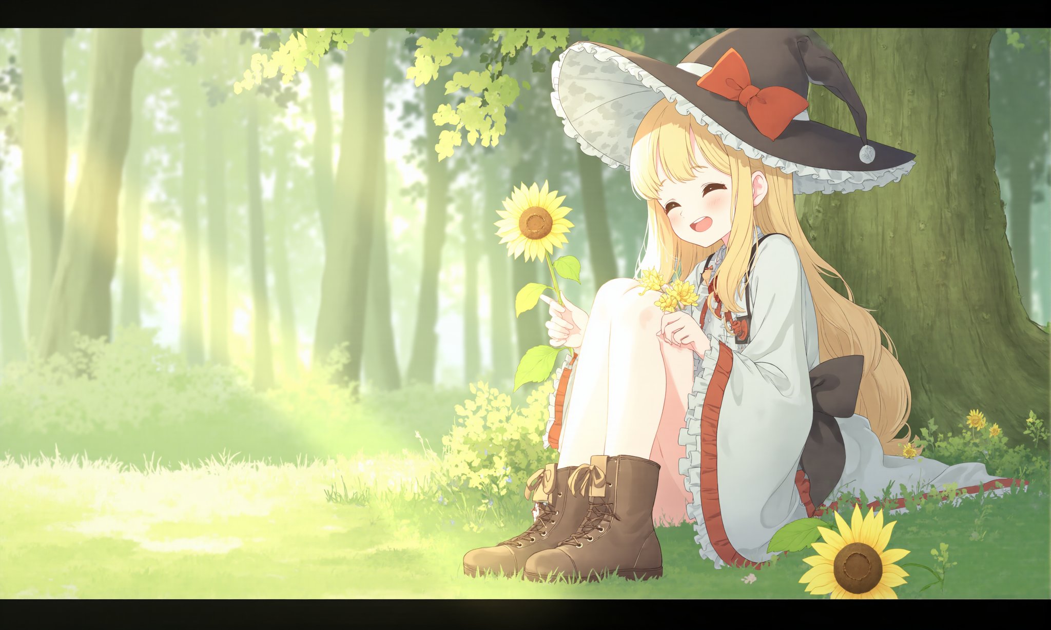 1girl,    frills, hair bow, flower, frilled sleeves, smile, sunlight, hat ribbon, nature, forest, brown footwear, tree, holding, letterboxed, closed eyes, blonde hair, solo focus, white headwear, holding flower, long hair, ribbon, outdoors, sunflower, hat, :3, sitting, leaf, frilled shirt collar, red ribbon, plant, long sleeves, :d, open mouth, witch hat, blush, boots, red bow, wide sleeves, grass, day, bow, =_= <lora:BastylrV2:1>