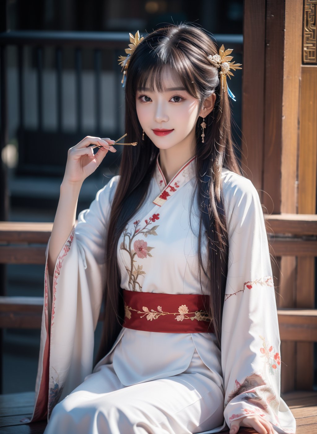 high definition,High quality,masterpiece,rich details,realistic photography,8k,high-definition image quality,Dreamy colors,1 girl,solo,long hair,Delicate facial features,silk,hanfu,kanzashi,tiara,chinese clothes,hands on own thighs,moon,kind smile,looking staring,8k, <lora:胶片风国潮古风美:1>