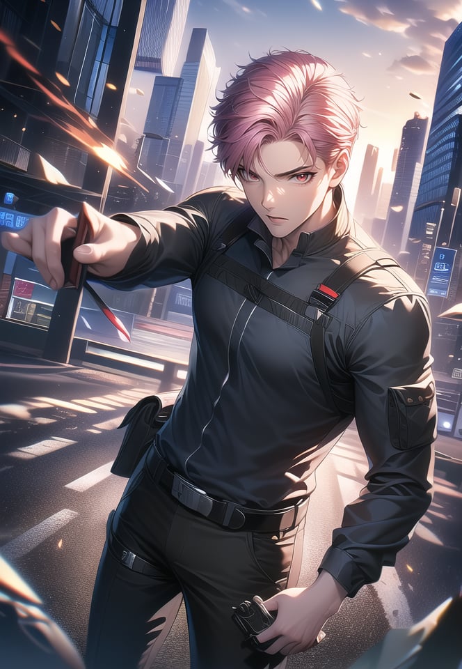 (best quality), ((masterpiece)), (highres), illustration, original, extremely detailed,1boy, male focus, solo, holding, belt, red eyes, outdoors, weapon, pants, building, holding weapon, looking at viewer, shirt, pink hair, long sleeves, black pants, city, standing, black belt, black shirt, knife, pouch, short hair, holster