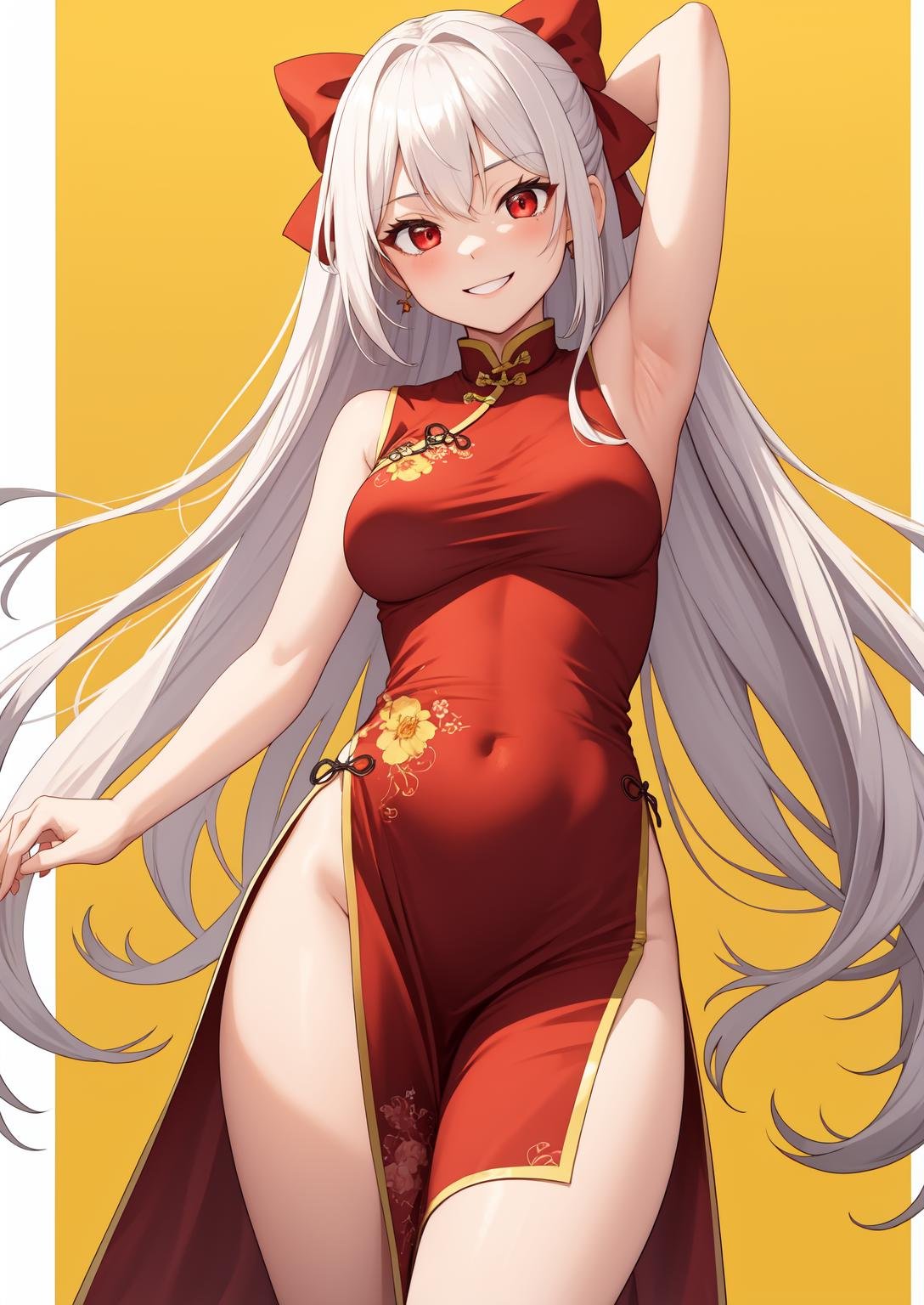 masterpiece, best quality, 1girl, armpits, bow, breasts, china_dress, chinese_clothes, clenched_hand, dress, hair_bow, long_hair, looking_at_viewer, multiple_hair_bows, red_dress, red_eyes, sleeveless, sleeveless_dress, smile, solo, thighs, very_long_hair, white_hair, yellow_background