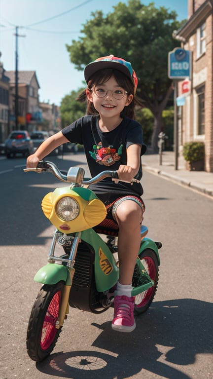 A very cute girl, 6 years old, tricycle, in beautiful street, at sunny day, 3d art, c4d, octane render, ray tracting, clay material, popmart blind box, Pixar trend, animation lighting, depth of field, ultra detailed