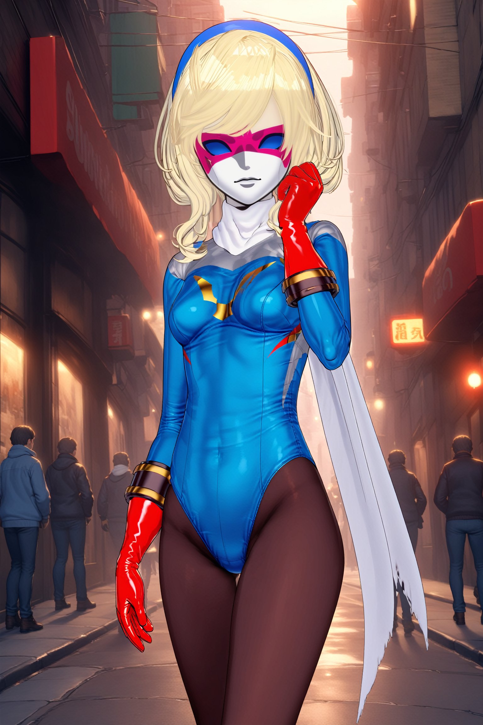 missyulia, white mask, white scarf, blue leotard, bodysuit, pantyhose, red gloves, cowboy shor, street<lora:EMS-326858-EMS:0.700000>, <lora:EMS-418239-EMS:0.700000>