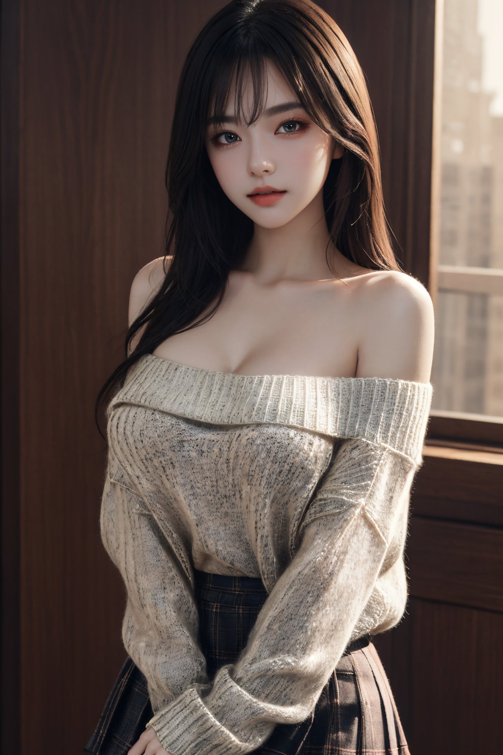 masterpiece,best quality,highly detailed,Amazing,finely detail,extremely detailed CG unity 8k wallpaper,score:>=60,1girl,upper body,maoyi,sweater,looking at viewer,plaid skirt,pantyhose,