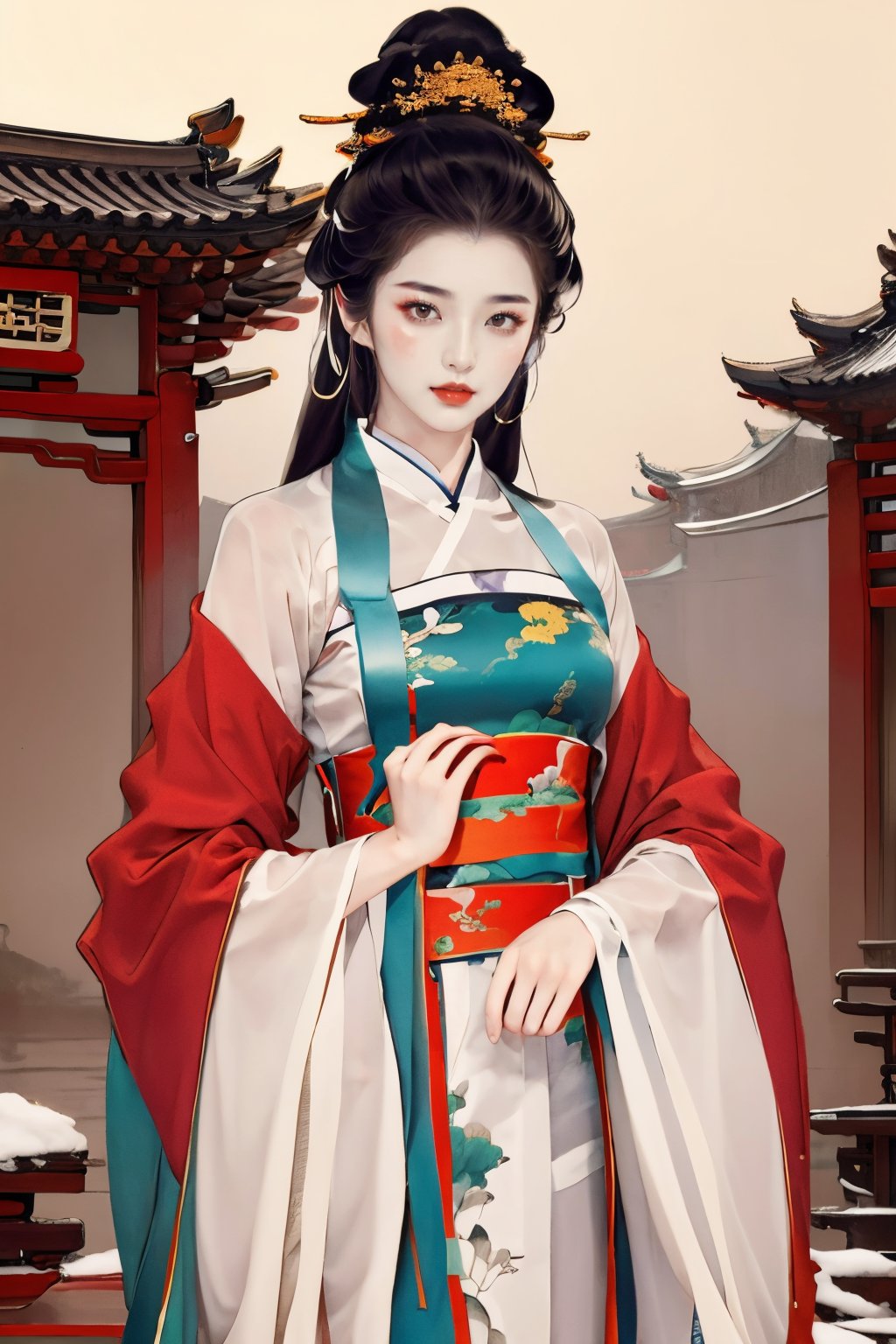 gufeng02,1girl,solo,chinese clothes,looking at viewer,upper body,wide sleeves,breasts,sash,<lora:gufeng2-1.5:1>,, masterpiece, best quality,