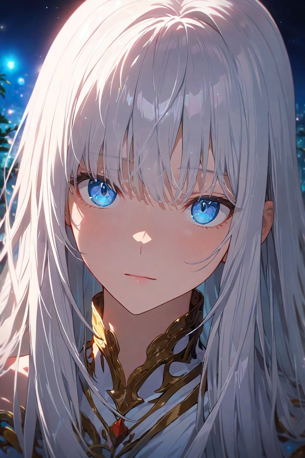 1girl, solo, upper body, (fantasy), (dark:1.2), (depth of field:1.2), (night), (Fantastic lighting), looking at viewer, white hair, long hair,best quality, 4K, ultra detailed CG, highres, source anime, newest