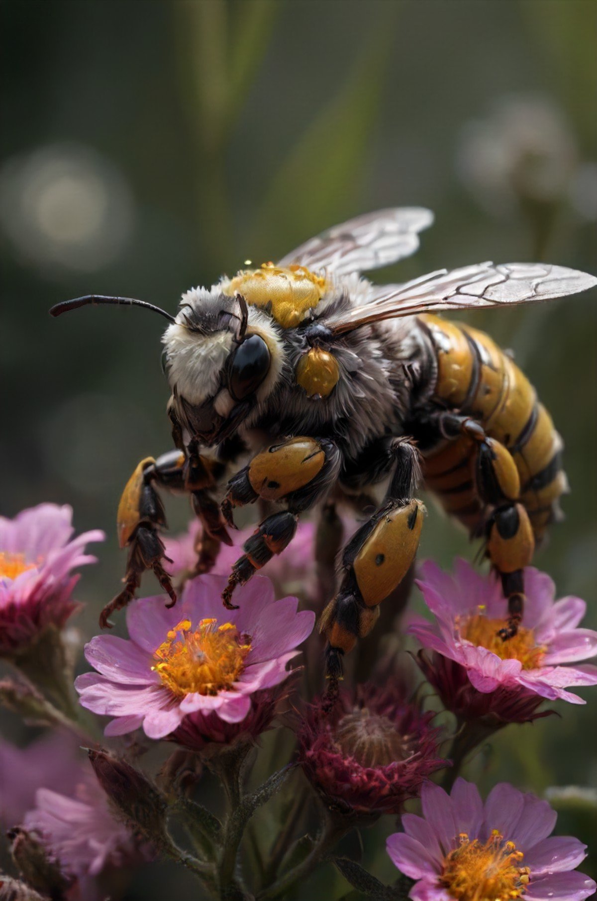 photo nature, an armored bee-mech that is platted, pollen, resting on a flower, military grade, <lora:- SDXL - hevy_armored_mechvari_V1.5:.8>