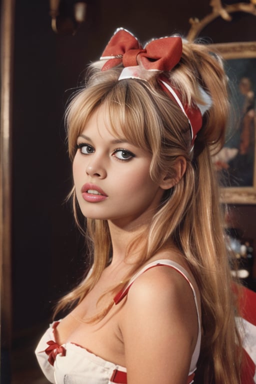 (masterpiece,best quality:1.2), high detailed,realistic,<lora:BrigitteBardotSD_v2.1merged:1>Brigitte Bardot is  a woman with a red bow on her head