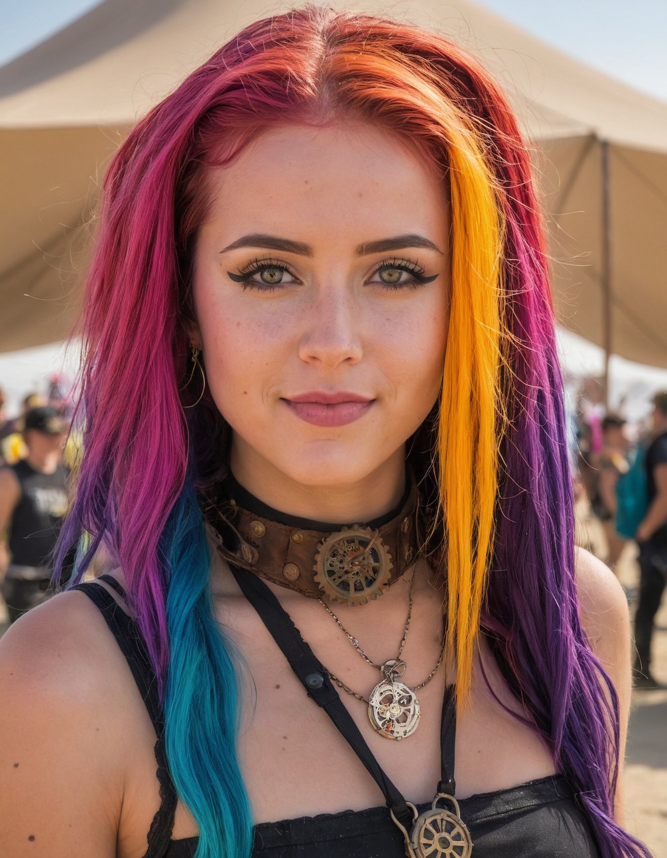 cute woman Selena with colorful hair at burning man tent, daylight, steampunk cosplay, (freckles:0.2)