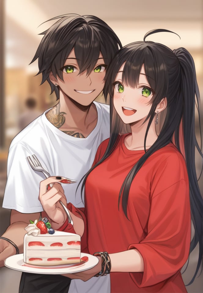 (best quality), ((masterpiece)), (highres), illustration, original, extremely detailed,   <lora:恩佩西斯的闪光:0.7>black hair, 1girl, food, 1boy, shirt, cake, smile, fork, green eyes, white shirt, long hair, multicolored hair, black nails, tattoo, blush, bangs, yellow eyes, holding, upper teeth only, open mouth, blurry background, blurry, closed mouth, holding fork, red shirt, teeth, holding hands, ahoge, dark skin, hair between eyes, plate