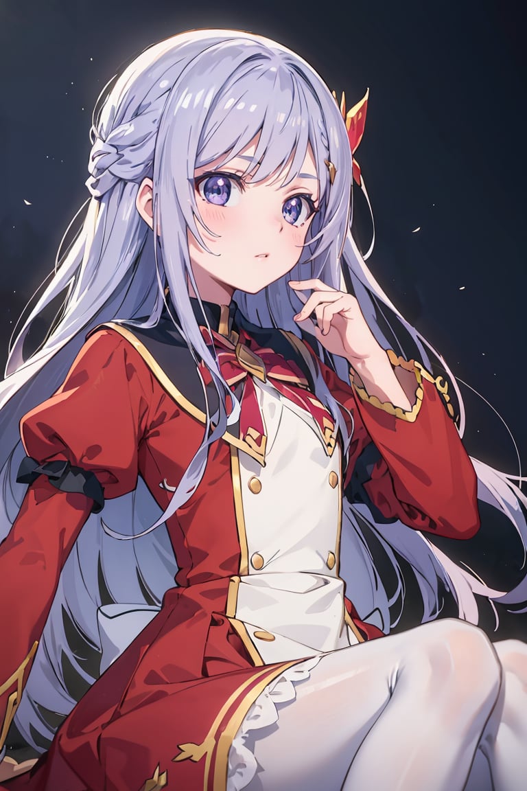 masterpiece, best quality, ultra-detailed, glistening shiny, glowing light, ray tracing, HDR, deph of field, (perfect face, detailed face), <lora:FloraBeltrum:0.6>, florabeltrum, long hair, crown braid, butterfly hair ornament, school uniform, red dress, black collar, puffy sleeves, long sleeves, red bowtie, white pantyhose