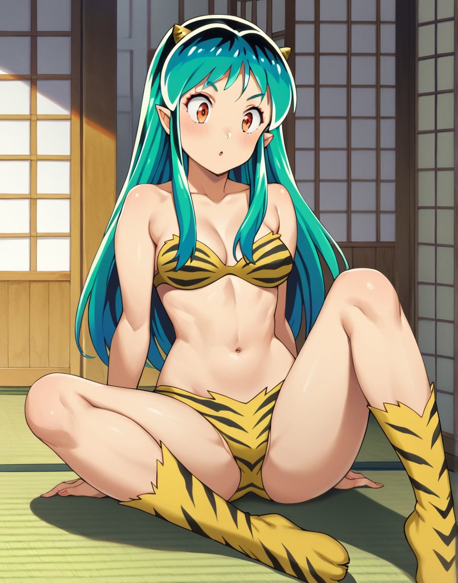 score_9, score_8_up, score_7_up, 1girl,  <lora:lum:1> lumxl, long hair,green hair, aqua hair, multicolored hair, oni, cone horns, pointy ears, animal print, tiger print, bikini, trapless bikini, navel, medium breasts, boots, orange eyes, yellow bikini, print bikini, seiza, zabuton, room, indoors, tatami, japanese room, 