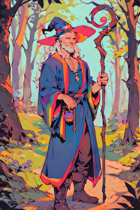 score_9, score_8_up, score_7_up, rainbow style, vibrant colors, vivid colors, wizard, old, 1boy, old man, male focus, hat, beard, solo, staff, witch hat, facial hair, forest, nature, robe, long hair, looking at viewer, tree, holding, white hair, outdoors, holding staff, boots <lora:Rainbow Style SDXL_LoRA_Pony Diffusion V6 XL:1>