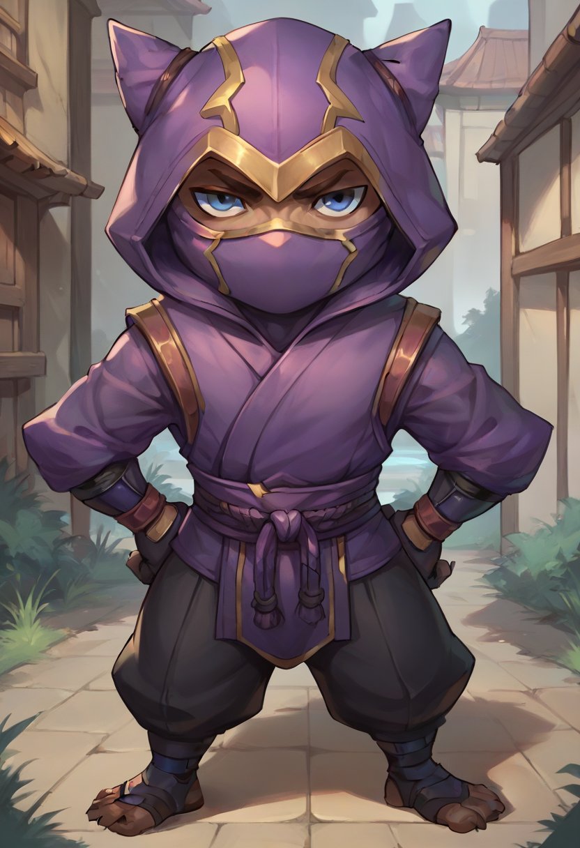 score_9, score_8_up, score_7_up, score_6_up, 1boy, solo, k3nn3n, hood, mask, yordle, solo, 1boy, male focus, hood up, blue eyes, pants, gloves, outdoors, looking at viewer, solo, standing, hands on hips,<lora:Kennen_Default_v2-000028:0.7>, ninja