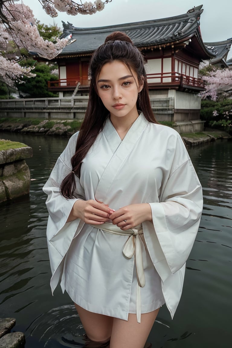 (masterpece:1.3),(best quality:1.3),stunningly beautiful girl,breathtaking,intricate details,absurdres,highres,ultra detailed,highest quality,amazing details,looking at viewer, water, moon, partially submerged, cherry blossoms, bad weather, 1girl,solo, standing, cowboy shot, kimono, east asian architecture,<lora:n1l4-07:0.8>