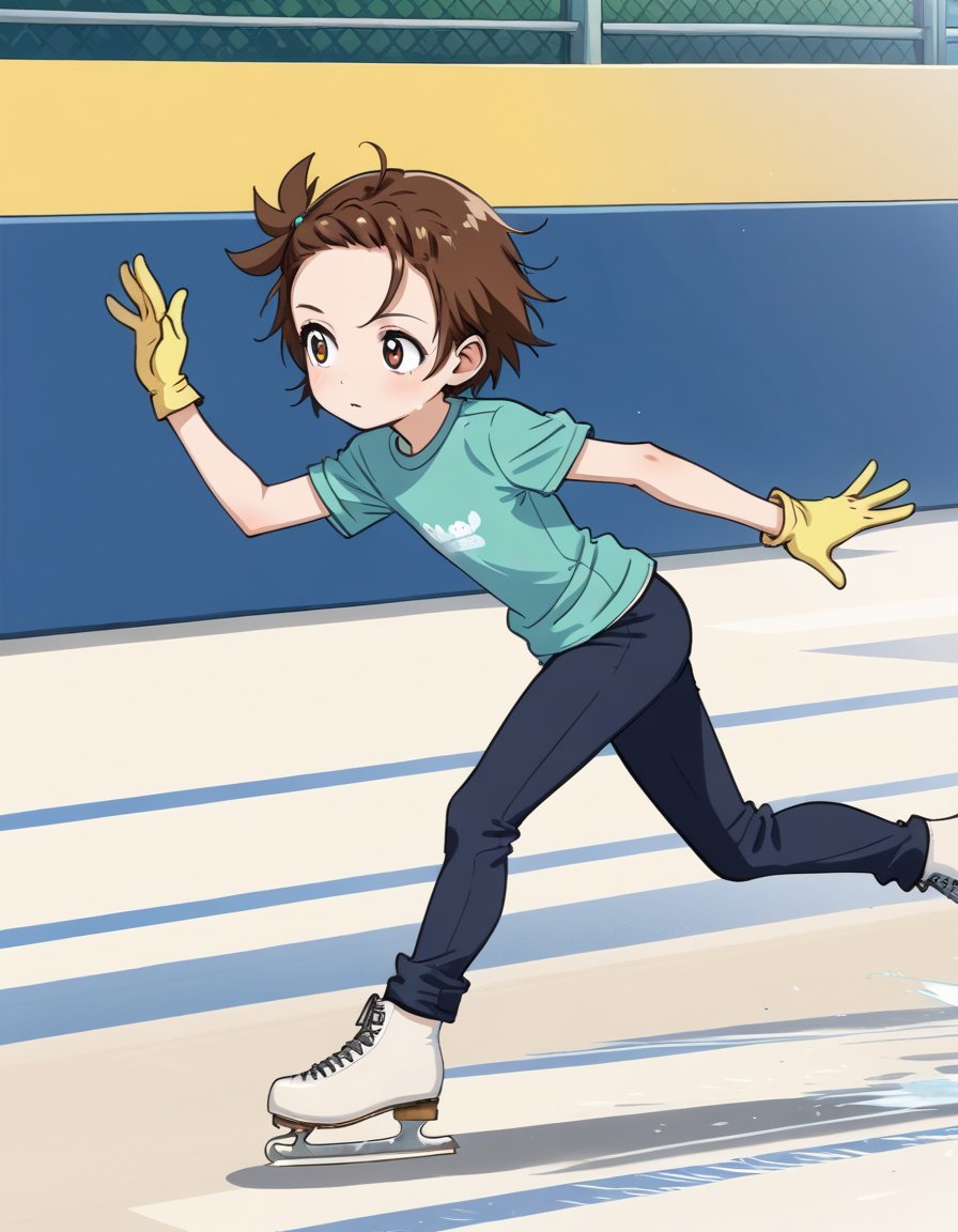 <lora:YuitsukaInori_pony_v01:0.8> yuitsuka inori, 1girl, solo, looking to the side,  t-shirt, short sleeves, long sleeves, short over long sleeves, pants, gloves, ice skates, arm up, bent over, running