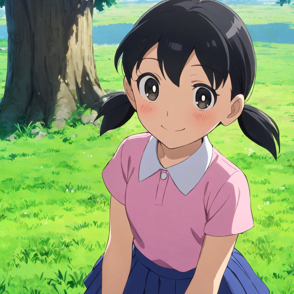 minamoto shizuka,1girl, solo,1girl, solo, twintails, black hair, skirt, smile, outdoors, shirt, blue skirt, looking at viewer, black eyes, pleated skirt, short sleeves, pink shirt, blush, closed mouth, day, tree, collared shirt, short twintails, low twintails, upper body, grass,child,masterpiece, perfect face, best quality, beautiful eyes, shiny eyes, anime coloring, anime screencap, absurdres, award winning,<lora:cr9es5le878c73e65k3g:0.8>