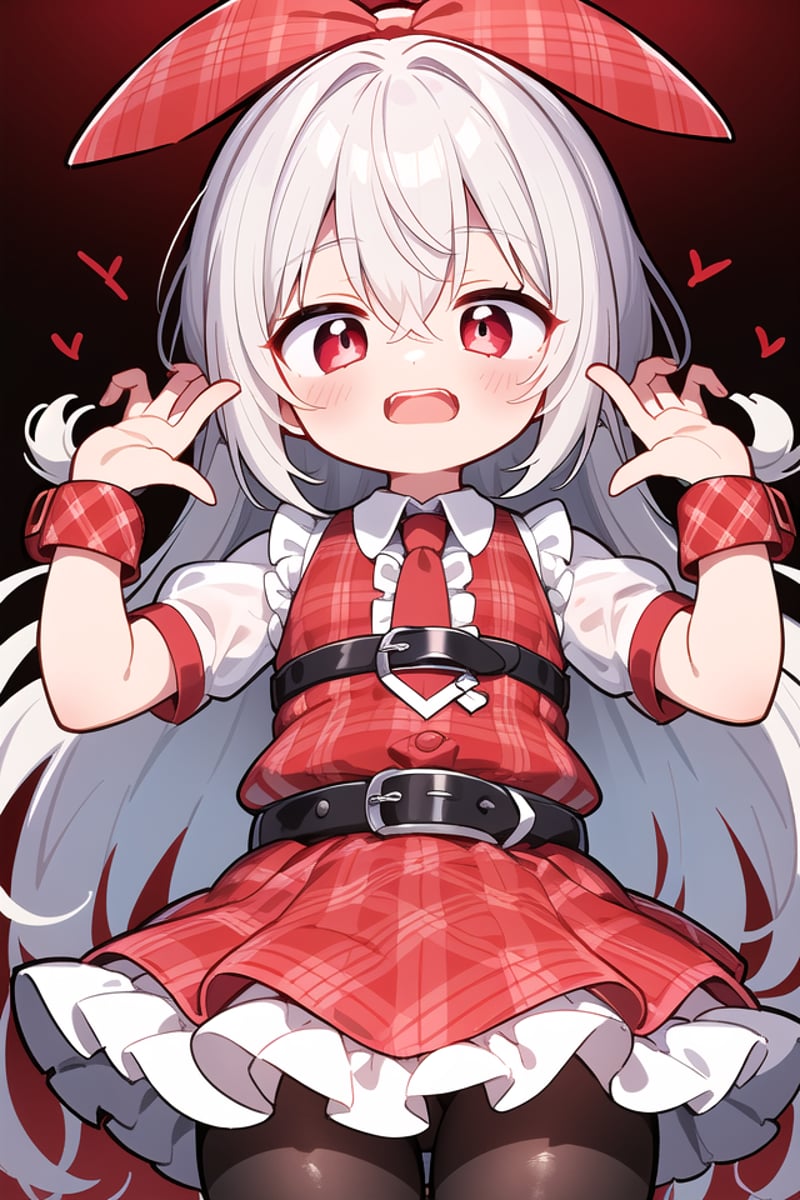 <lora:talkmouth_E_type2_v100:1>insanely detailed, absurdres, ultra-highres, ultra-detailed, best quality,1girl, solo, nice hands, perfect handsBREAK(Enchant:1.4), (red theme:1.5), ((red plaid pattern, tone on tone):1.4), (idol uniform:1.2), (fusion of sleeveless (red plaid pattern) vest and red sundress:1.4), (red tie:1.4), ((red plaid pattern) multi-layered skirt with ruffles:1.3), ((red:1.3) platform HIGH boots:1.1), (red plaid pattern ribbon on head:1.3)    BREAK    (short sleeve white collared-shirt dress layering:1.2), (black pantyhose:1.2), (belt:1.3), (wristband:1.3), (naked skin:-1), (black vest:-1), (white vest:-1), (black skirt:-1), (white skirt:-1), (cleavage:-1.5)BREAKsmile, open mouthBREAK(45 angle:-1.5), (from side:-1.5),standing, cowboy shot, looking at viewerBREAKslender, kawaii, perfect symmetrical face, ultra cute girl, ultra cute face, ultra detailed eyes, ultra detailed hair, ultra cute, ultra beautifulBREAKin coffee shop, depth of field, ultra detailed backgroundBREAKmedium large breastsBREAKgrey hair, red eyes, bob, hair between eyes