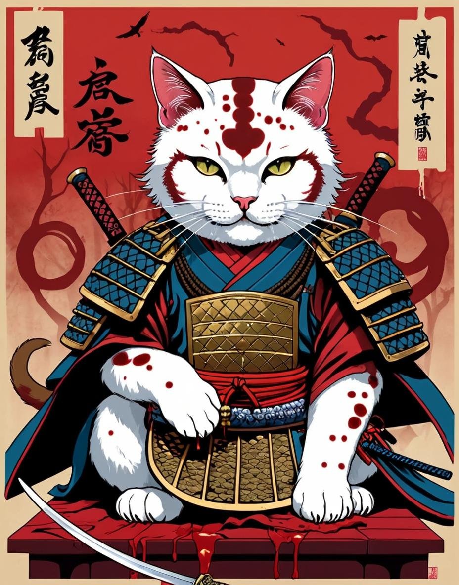 (drawing:1.3),a samurai cat, battlefield, severed heads, spaying blood, gore, horror, colorful