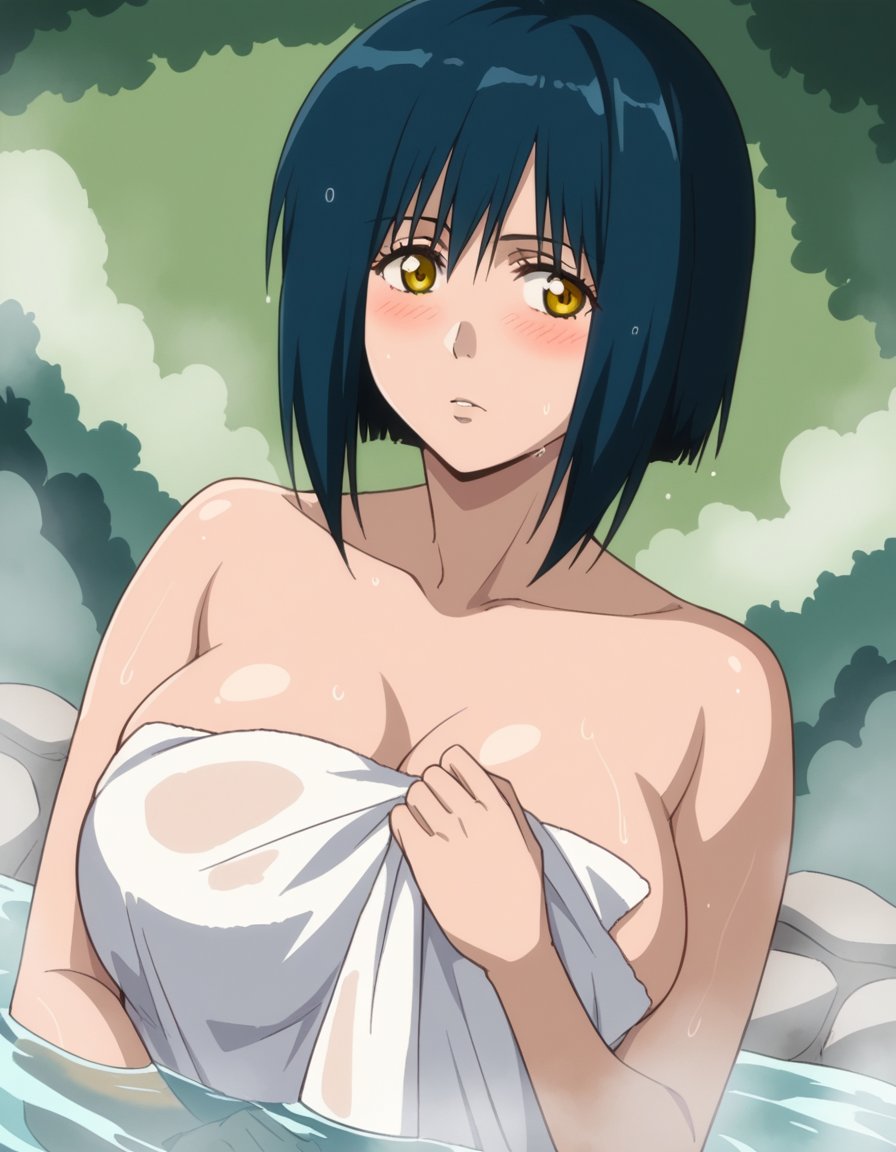 score_9, score_8_up, score_7_up, source_anime, <lora:manami-nikaido-ova-ponyxl-lora-nochekaiser:1>, manami nikaido, short hair, black hair, blue hair, yellow eyes, bob cut, large breasts,, nude, naked, outdoors, onsen, towel, naked towel, steam, bathing, nude cover, partially submerged, water, bath, steam censor, wet towel, blush, looking at viewer, solo, cowboy shot, dutch angle