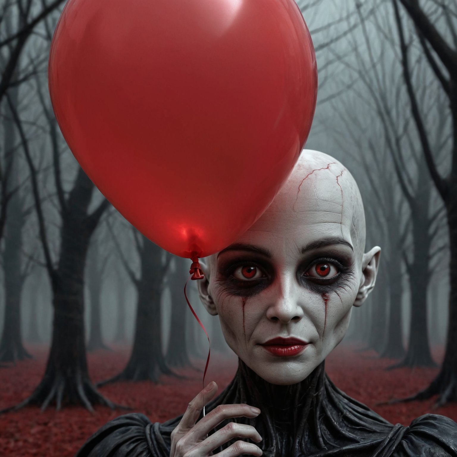 dark aesthetic, A creepy dark humanoid figure, holding a red balloon, scary, eerie, stunning fantasy illustration, dark details, attention to detail, fantasy,