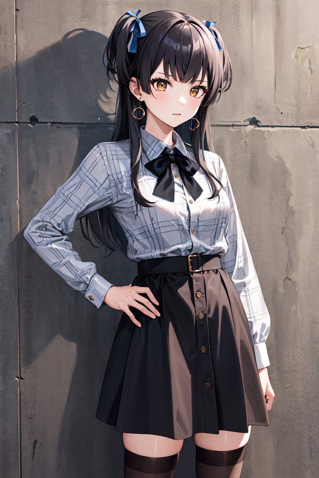 masterpiece, best quality, highres, bbfuyuko, long hair, two side up, hair ribbon, earrings, neck ribbon, collared shirt, plaid shirt, grey shirt, long sleeves, (black skirt:1.3), thighhighs, <lora:mayuzumi_fuyuko_v1:0.7>, hand on hip, street, standing, wall, cowboy shot, 