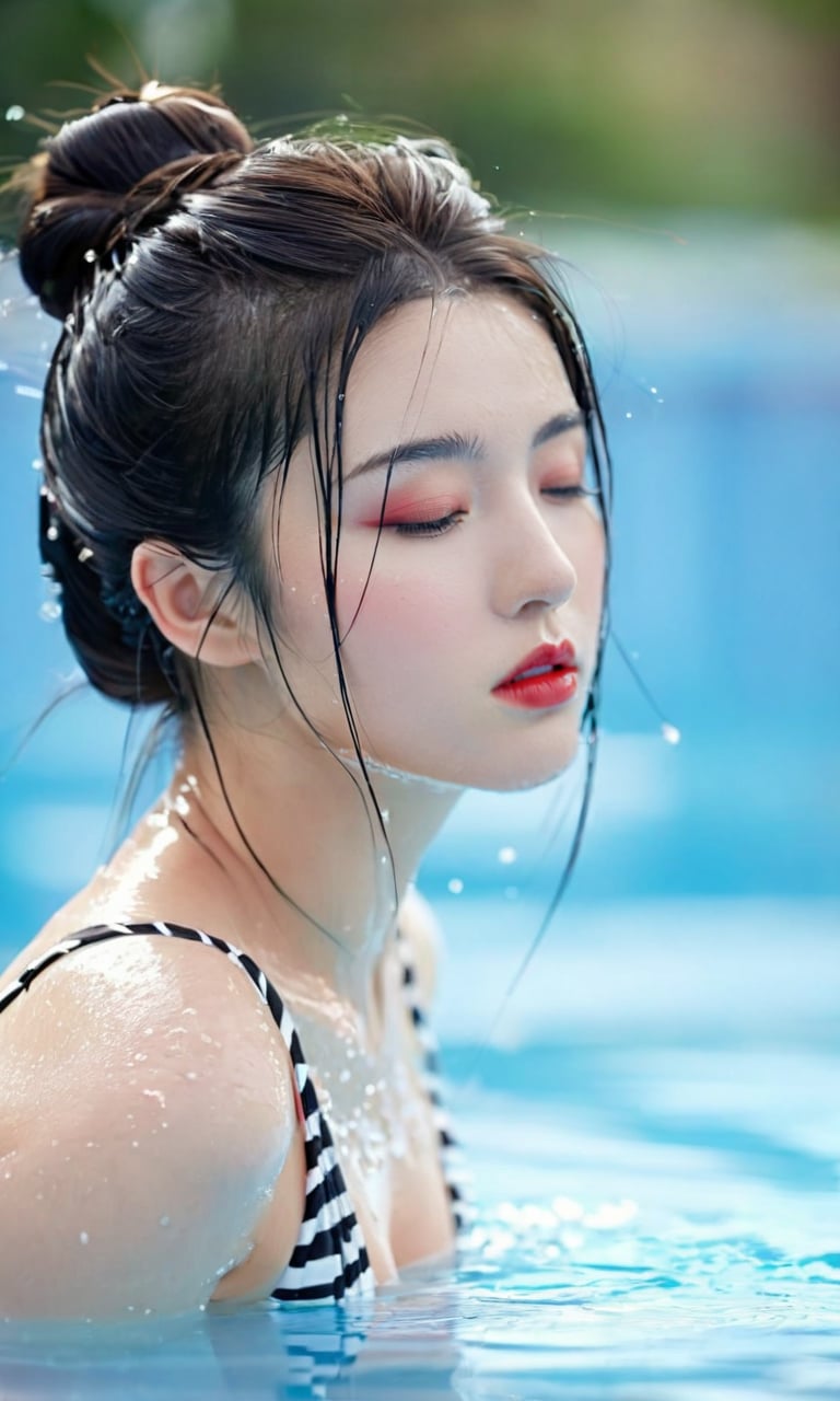 1girl, black hair, closed eyes, water, blurry, blurry background, solo, partially submerged, swimsuit, red lips, upper body, lips, outdoors, splashing, bikini, wet, breasts, bare shoulders, day, realistic, hair ornament, depth of field, makeup, closed mouth, parted lips, eyelashes, from side, head tilt, striped, hair bun, single hair bun