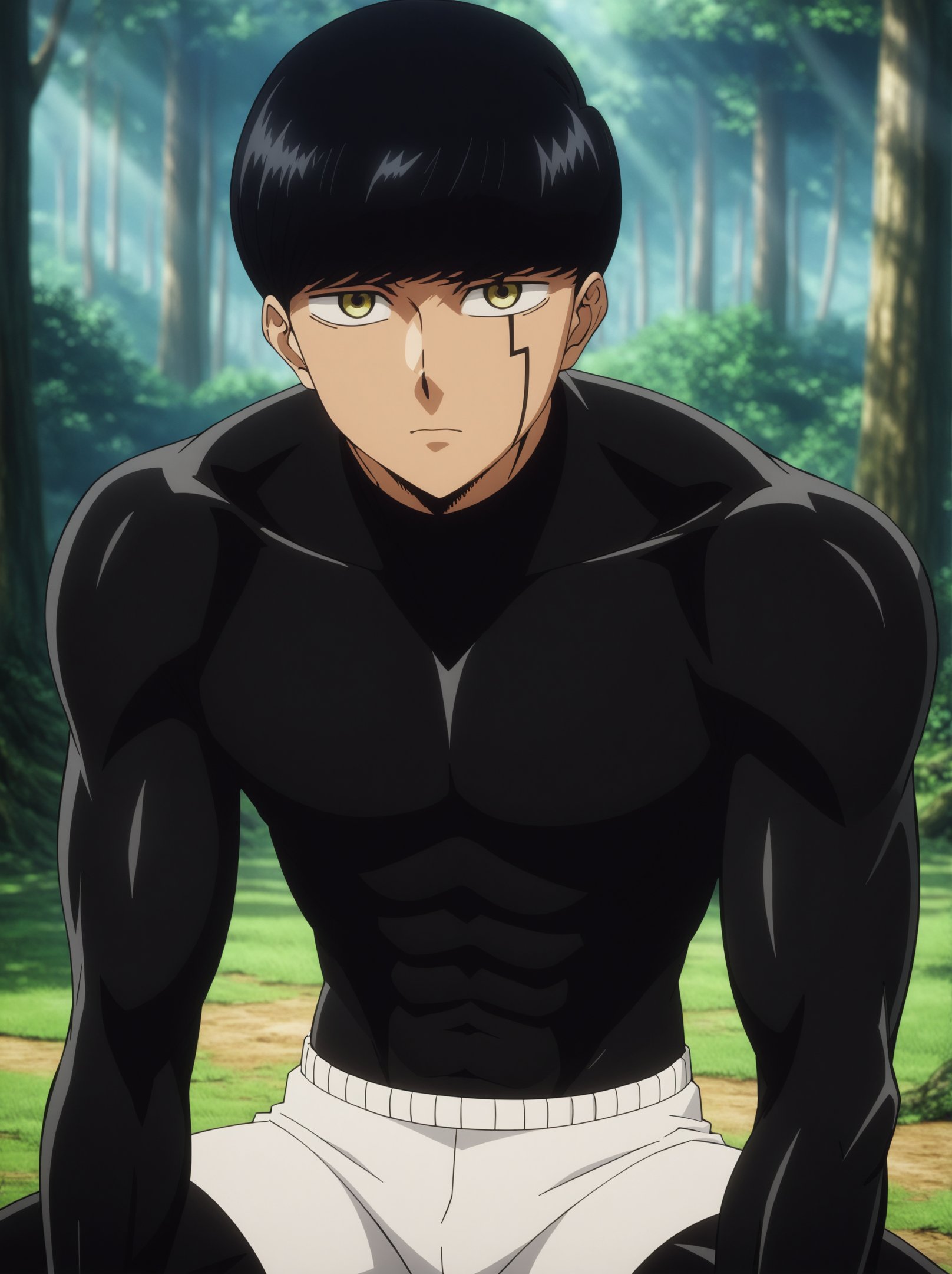 masterpiece, best quality, very aesthetic, ultra detailed, intricate details, 4k, anime style,mashlebody, 1boy, solo, male focus, bangs, black hair, yellow eyes, bowl cut,bodysuit, black bodysuit, shorts, white shorts, suit, abs, mashle, mash burnedead, sitting, upper body, looking at viewer, arms support, forest, outdoors, tree, sunlight, cloudy, <lora:Mashle_XL:1>