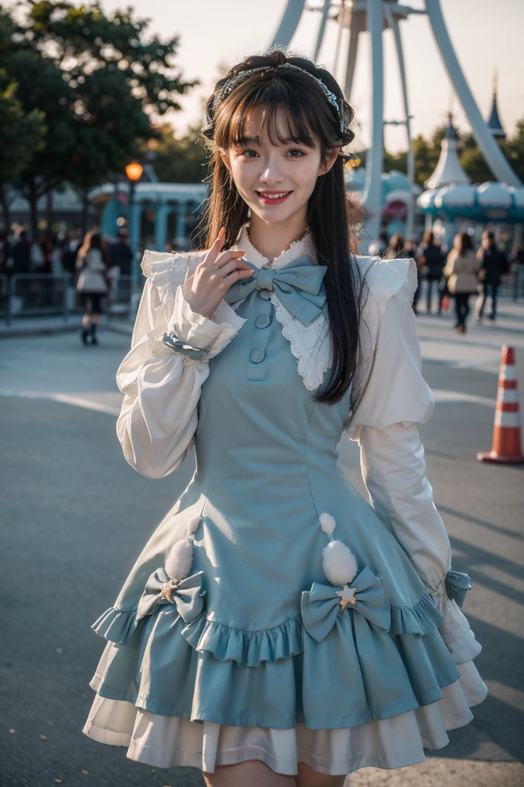 best quality, masterpiece, photorealistic, 1girl, solo, long straight black hair, blunt bangs, looking at viewer, smile, cowboy shot, standing, cyb dress, blue dress, long sleeves, puffy long sleeves, bow, amusement park, people, <lora:cute_dress_style1_v1:0.7>