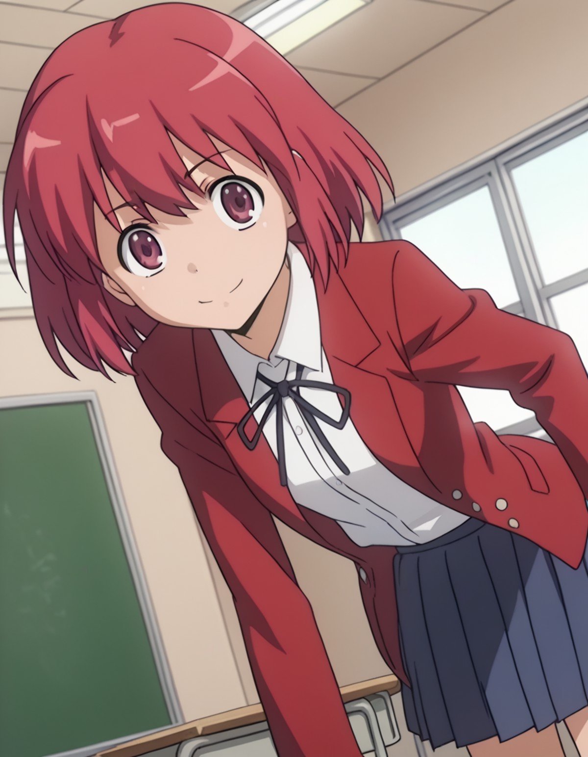 score_9, score_8_up, score_7_up, source_anime,minorikushieda, <lora:minori-kushieda-s1-ponyxl-lora-nochekaiser:1>,minori kushieda, short hair, red eyes, red hair,school uniform, oohashi high school uniform, jacket, red jacket, long sleeves, shirt, white shirt, collared shirt, ribbon, skirt, pleated skirt,indoors, classroom, bent over, smile,looking at viewer, solo, cowboy shot, dutch angle,