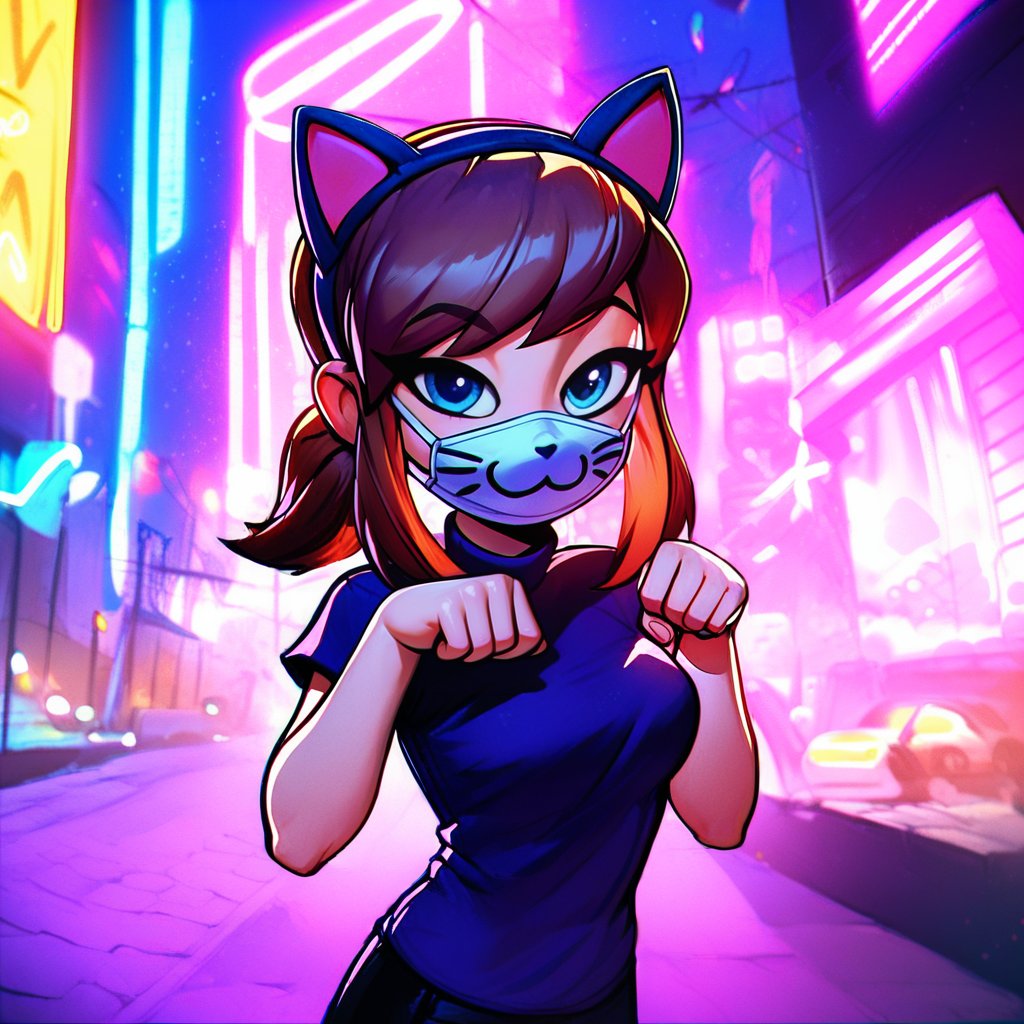 <lora:hatkid:1>,1girl,solo,hat-kid,aged up,medium breasts,brown hair,sidelocks,ponytail,blue eyes,fake cat ears,cat mouth mask,,outdoors,city,neon lights,blurry background,night,night sky,street,science fiction,cowboy shot,hands up,paw pose,looking at viewer,bedroom eyes,, score_9, score_8_up, score_7_up, perfect anatomy, source_anime, zPDXL2,